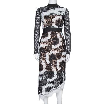 Pre Owned Self Portrait Monochrome Crochet Asymmetric Hem Midi Dress L