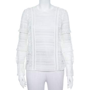 Pre Owned Self Portrait White Paneled Lace Sheer Long Sleeve Top S