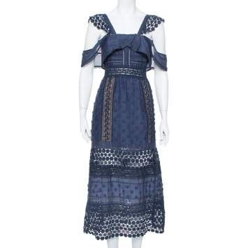 مملوكة مسبقًا Self-Portrait Navy Blue Lace Paneled Bluebell Midi Dress M
