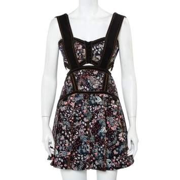 Pre Owned Self Portrait Black Floral Jacquard Cut Out Detail Sleeveless Mini Dress S