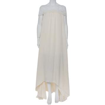 Pre Owned Self Portrait Cream Crepe Lace Detail Off Shoulder Gown M