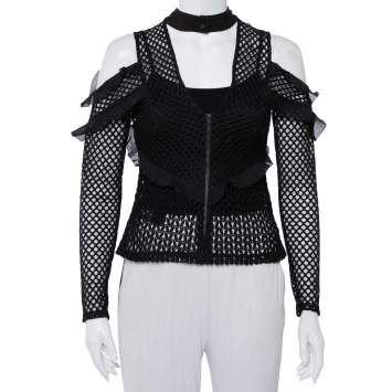 Pre Owned Self Portrait Black Lace Ruffle Detail Cold Shoulder Top M
