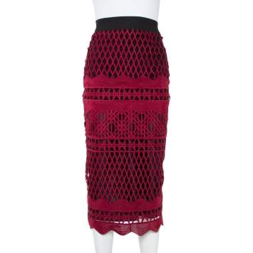 Pre Owned Self Portrait Burgundy Cut Out Lace Midi Skirt XS