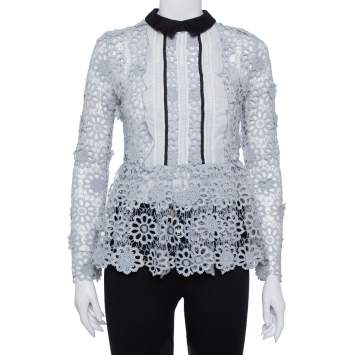 Pre Owned Self-Portrait Grey Guipure Lace Contrast Collar Detail Peplum Top S