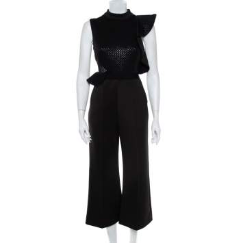 Pre Owned Self-Portrait Black Sequin & Bead Embellished Knit Sleeveless Cropped Jumpsuit S