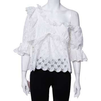 Pre Owned Self-Portrait White Leaf Broderie One Shoulder Anglaise Top M