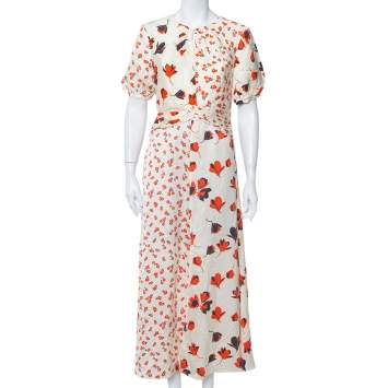 Pre Owned Self-Portrait Cream Floral Printed Silk Satin Midi Dress M