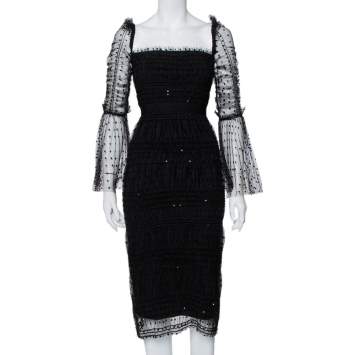 مملوكة مسبقًا Self-Portrait Black Polka Dot Tulle Sequin Embellished Ruched Midi Dress S