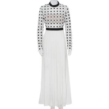مملوكة مسبقًا Self Portrait Monochrome Lace & Pleated Crepe High Neck Maxi Dress M