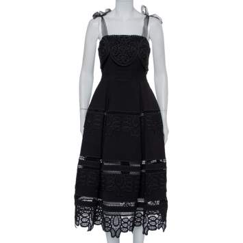 مملوكة مسبقًا Self-Portrait Black Crepe Lace Tie Shoulder Detail Midi Dress S