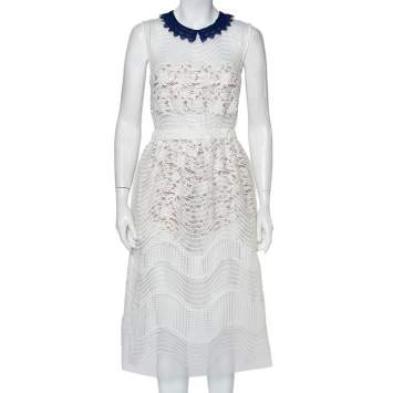 مملوكة مسبقًا Self-Portrait White Sequined Lace Romper Detail Sleeveless Midi Dress M