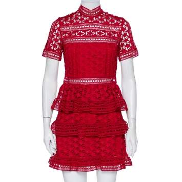 Pre Owned Self-Portrait Burgundy Guipure Star Lace High Neck Tiered Mini Dress S