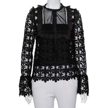 Pre Owned Self-Portrait Black Guipure Lace Ruffle Trim Detail Sheer Adeline Top S