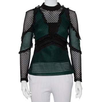 Pre Owned Self Portrait Green & Black Mesh Ruffle Trim Detail Top S