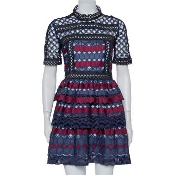 مملوكة مسبقًا Self Portrait Navy Blue & Burgundy Guipure Lace Tiered Mini Dress L