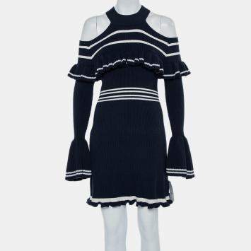 Pre Owned Self-Portrait Navy Blue Rib Knit Ruffled Cold Shoulder Dress M