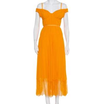 Pre Owned Self Portrait Orange Pleated Chiffon Lace trim Detail Off Shoulder Dress M