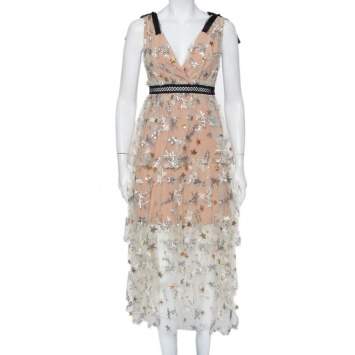 Pre Owned Self-Portrait Beige Embroidered Tulle Plunge Neck Tiered Midi Dress S
