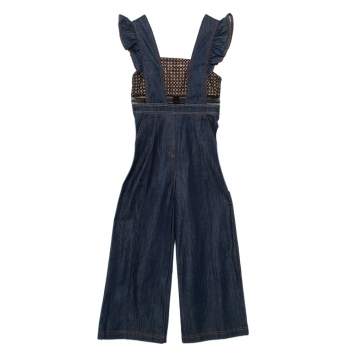 Pre Owned Self Portrait Navy Blue Denim & Lace Ruffle Sleeve Wide Leg Jumpsuit XS