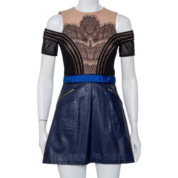 Pre Owned Self-Portrait Bicolor Knit & Faux Leather Lace Trim Cold Shoulder Infinity Dress M