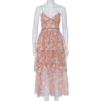 Pre Owned Self Portrait Light Pink Floral Sequin Embellished Tulle Tiered Midi Dress M