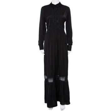Pre Owned Self Portrait Black Chiffon Pleated Collared Ebony Maxi Dress M