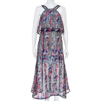 مملوكة مسبقًا Self Portrait Black Embroidered Tulle Sleeveless Midi Dress M