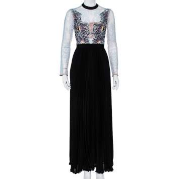 Pre Owned Self-Portrait Blue Lace & Black Pleated Crepe Applique Detail Moni Maxi Dress S