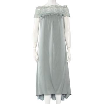 Pre Owned Self Portrait Grey Silk & Lace Trim Off Shoulder Bardot Dress S