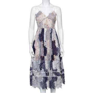 Pre Owned Self Portrait Navy Blue & White Lace Sleeveless Camellias Midi Dress M