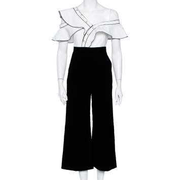 Pre Owned Self Portrait Monochrome Crepe Ruffled One Shoulder Jumpsuit S
