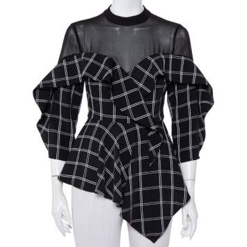 Pre Owned Self Portrait Black Checkered Crepe & Chiffon Ruffled Asymmetric Hem Top S