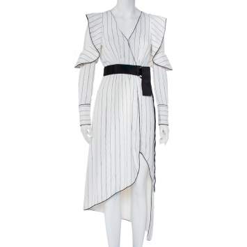 Pre Owned Self Portrait White Striped Crepe Ruffled belted Midi Dress S