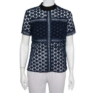 Pre Owned Self-Portrait Navy Blue Star Pattern Guipure Lace Sheer Top M
