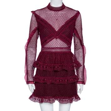 Pre Owned Self-Portrait Burgundy Guipure Lace Sheer Detail Tiered Mini Dress M
