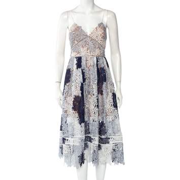 Pre Owned Self Portrait Navy Blue & White Lace Sleeveless Camellias Midi Dress M