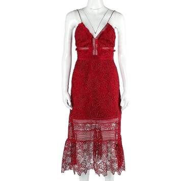 Pre Owned Self Portrait Red Floral Lace Sleeveless Midi Dress S