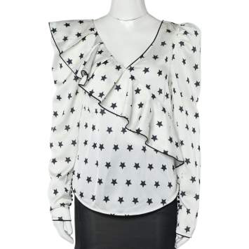 Pre Owned Self Portrait White Star printed Satin Ruffled Plunging Neck Top S