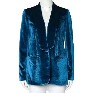 Pre Owned Self Portrait Blue Velvet Button Front Blazer S