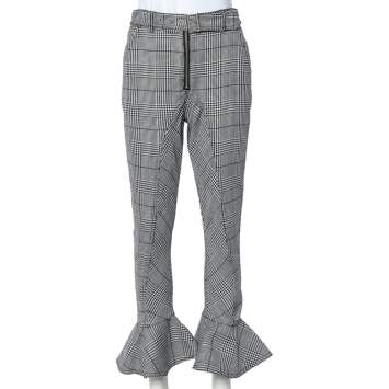 Pre Owned Self Portrait Monochrome Checkered Ruffled Hem Belted Cropped Pants S