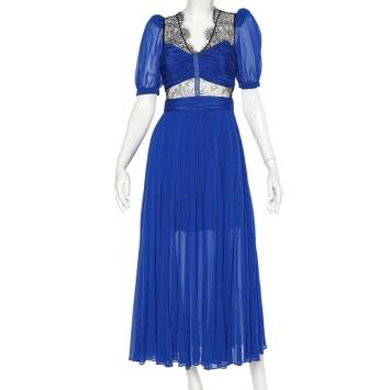 Pre Owned Self Portrait Blue Pleated Chiffon & Contrast Lace Paneled Midi Dress S