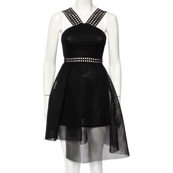 Pre Owned Self Portrait Black Mesh & Lace Asymmetric Hem Mini Dress S