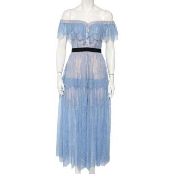 Pre Owned Self-Portrait Blue Lace Off Shoulder Tiered Maxi Dress M