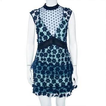 مملوكة مسبقًا Self-Portrait Navy Blue Floral Applique Mesh & Lace Overlay Detail Mini Dress M