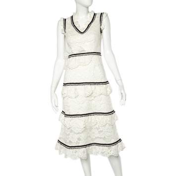 Pre Owned Self Portrait White Lace Contrast Trim Sleeveless Tiered Midi Dress M