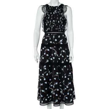 Pre Owned Self-Portrait Black Abstract Geo Print Sleeveless Midi Dress M