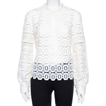 Pre Owned Self-Portrait White Guipure Lace Victorian Sleeve Detail Top M 