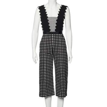 Pre Owned Self-Portrait Monochrome Cotton Mixed Sleeveless Jumpsuit M