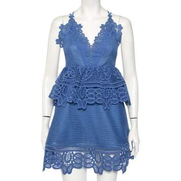 مملوكة مسبقًا Self-Portrait Blue Guipure Lace Peplum Mini Dress S