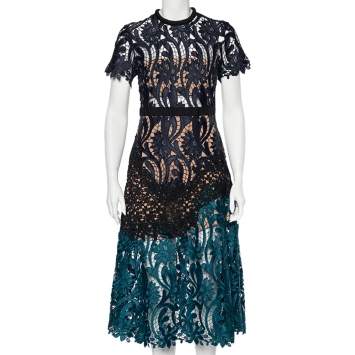 Pre Owned Self-Portrait Navy Blue & Teal Green Cutwork Lace Prairie Midi Dress M